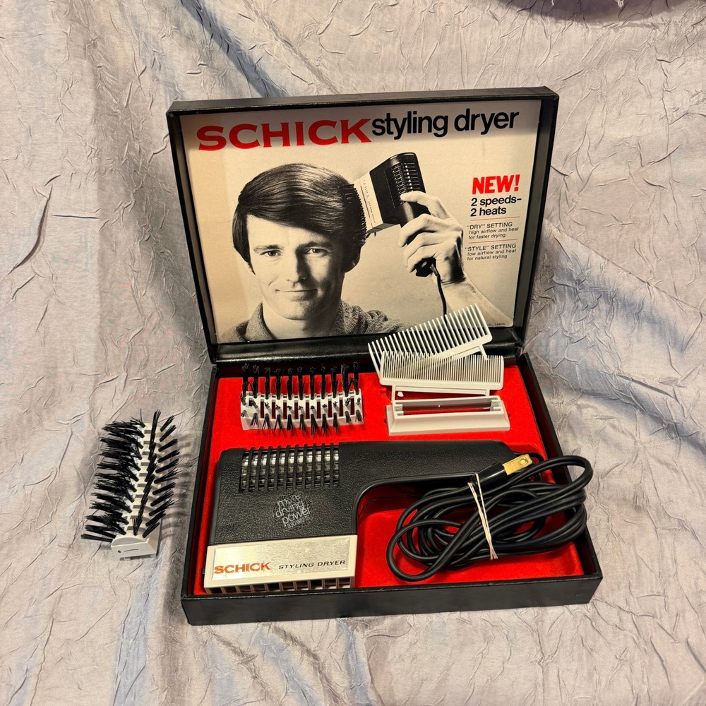 Vintage Schick Styling Dryer 530W 2 Speed 2 Heat Grooming Kit Case 1970s tested